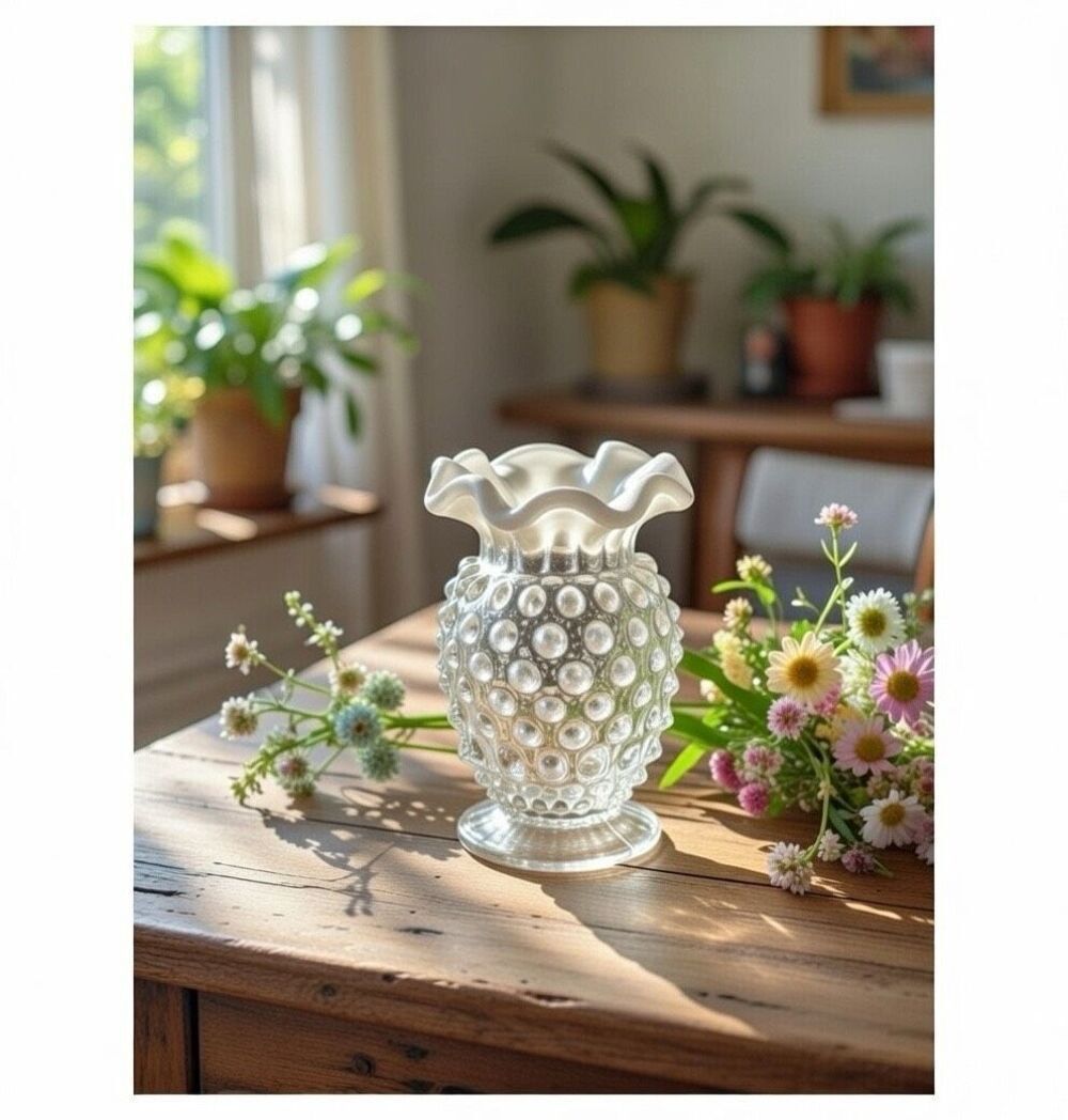 Fenton Clear/White Opalescent Hobnail Ruffle Edge 4” Vase Small bud vintage